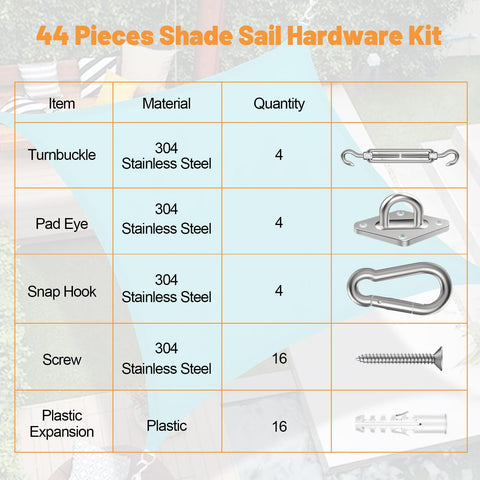 44-piece shade sail hardware kit details for 6 Inch Shade Sail Hardware Kit For Triangle And Rectangle Installations.