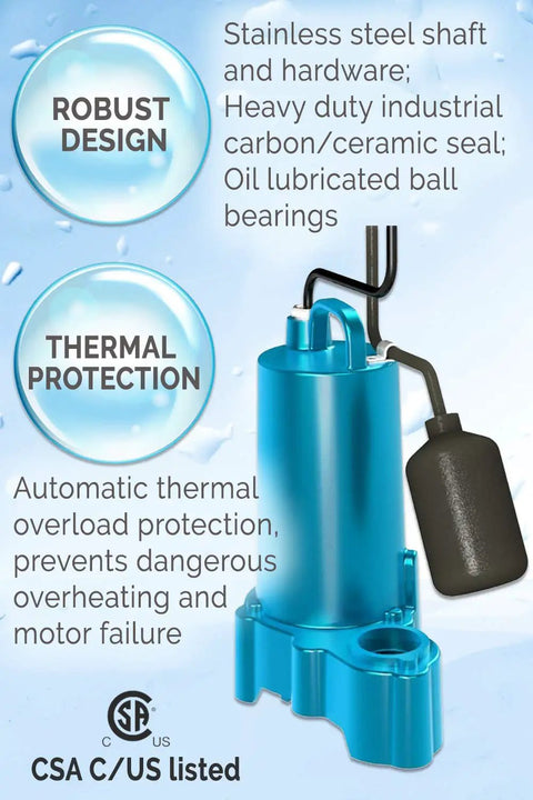 Heavy Duty Submersible Sump Pump To Kick Basement Flooding To The Curb with robust design and thermal protection features.