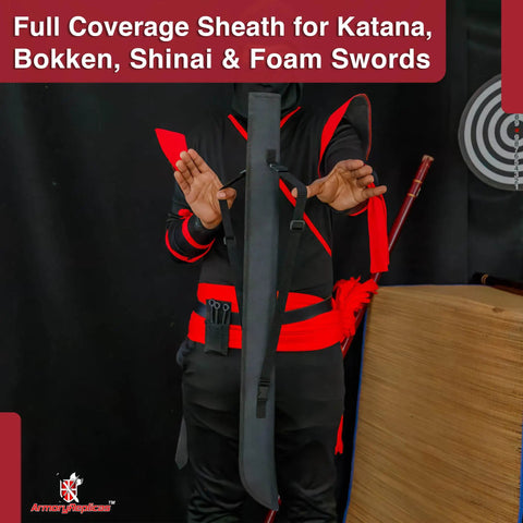 Durable Nylon Katana Sword Holder Case With Hard Lining on person wearing black and red attire, adjustable straps visible