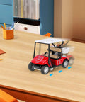 Red And White Die Cast Metal Miniature Golf Cart Replica featuring Steering Wheel Tan Seats And Storage Basket For Golf Party Decor Cake Topper Display on table