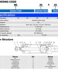 Specifications and structure diagram for Stainless Steel Mini Pneumatic Air Cylinder MA 25x50 Bore 25mm Stroke 50mm Double Acting Single Rod