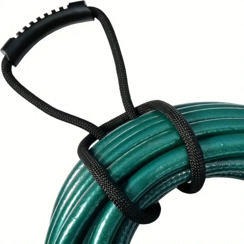 Heavy Duty Nylon Cord Strap Organizer Rope for Tailgate Parties and Campouts holds generator cords tight around coiled green hose.