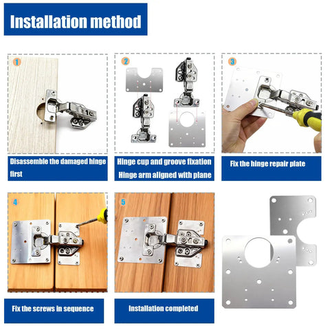 Installation steps for Rock Solid Stainless Steel Cabinet Hinge Repair Plates With Mounting Screws to fix rotted wood hinges.