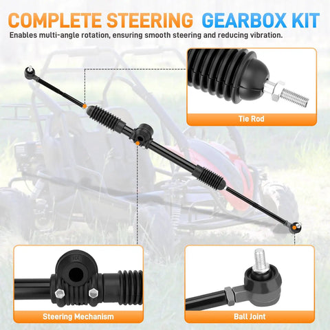 Heavy Duty Steering Gear Assembly For Go Karts Compatible With KT196 CK196 196CC 6.5HP Engines, showing tie rod and ball joint