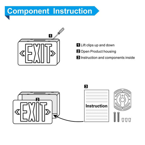 Component instruction for Slick Double Pack LED Exit Signs With Rock Solid Battery Backup showing installation steps and parts.