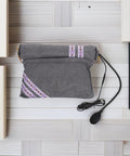 Super Cozy USB Inflatable Heated Neck Pillow With Washable Cotton Cover And Relaxing Aroma For Ultimate Work Travel Stress Relief and Healthy Posture Support in grey with decorative strap.
