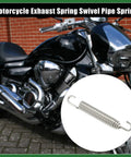 Two 80mm stainless steel motorcycle exhaust pipe springs with hooks; silver tone, shown beside a black cruiser motorcycle.