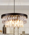 Bold Black Drum Polygon Crystal Chandelier, 4 Light Modern Ceiling Fixture With Sleek Matte Black Finish in interior setting