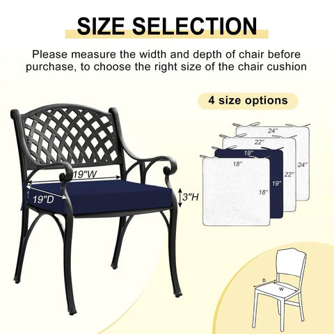 Four Pack 19 By 19 By 3 Inch Waterproof Outdoor Chair Cushions With Non Slip Ties And Handle For Your Patio Furniture Removable Covers Navy Color Square Cushions Weatherproof For Patio Deck Garden Balcony Set Of Four shown with size options diagram.