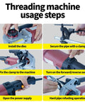 Heavy Duty Electric Pipe Threader Kit With Four Replaceable Steel Dies For One Half To One Inch Four Inches Pipes 28 Rpm No Load Speed And Included Carry Case For Professional Plumbing Jobs On Site showing usage steps including die installation and pipe securing.