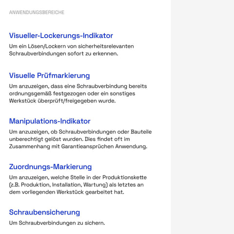 Text descriptions for torque seal uses, including manipulation indicator and visual loosening indicator for threadlocker pen kit.