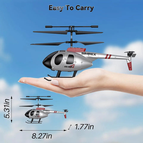 Easy-to-carry Beginner Friendly RC Helicopter With Auto Hover And Altitude Hold displayed on open hand, size dimensions shown.