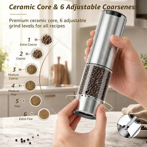 Electric Salt And Pepper Grinder Set With Type C Fast Charging Auto Mode Hands Free Operation 6 Adjustable Coarseness Settings Ceramic Core And Stainless Steel Rechargeable With LED Light handheld