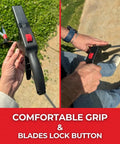 Close-up of the handle and lock button on Long Reach Grass Shears With Wheeled Glide Support And 180 Degree Swivel Blade