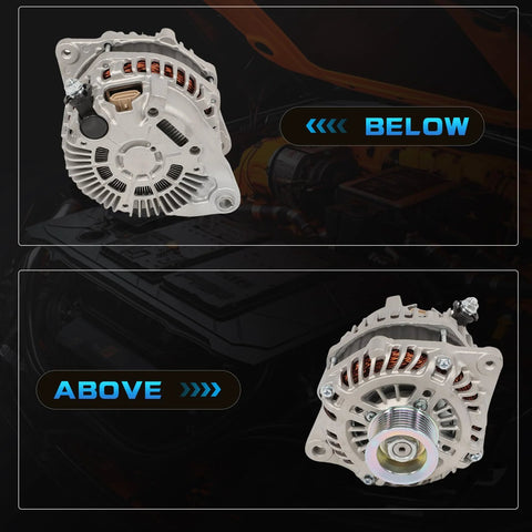 Beefed-Up 7-Groove 12V Alternator Replacement For 2013-2017 Pathfinder 3.5L V6 showing front and side views