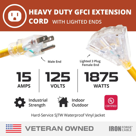 Beefy Heavy Duty 50 Foot Lighted Outdoor Extension Cord With 3 Outlets, 12/3 SJTW Yellow Cable, 3 Prong Grounded Plug, 15 Amp