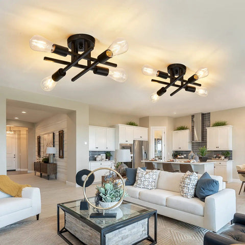 Four Light Semi Flush Mount Ceiling Light Fixture Two Pack Matte Black With E26 Base Modern Farmhouse Style in living room