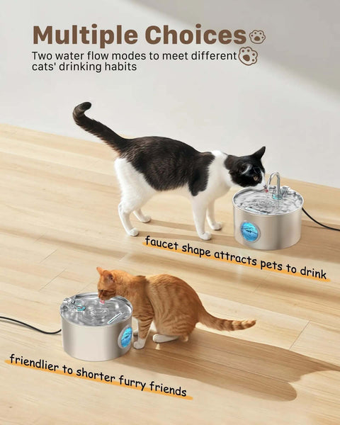 Stainless Steel Cat Water Fountain For Quiet Hydration And Easy Living, 74oz 2.2L Pet Fountain with cats drinking