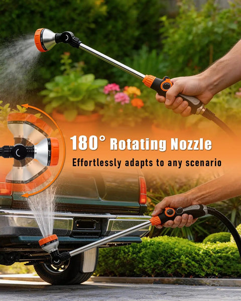 Long Reach 24 Inch Watering Wand With 8 Spray Patterns And 180 Degree Rotating Head spraying water on a car