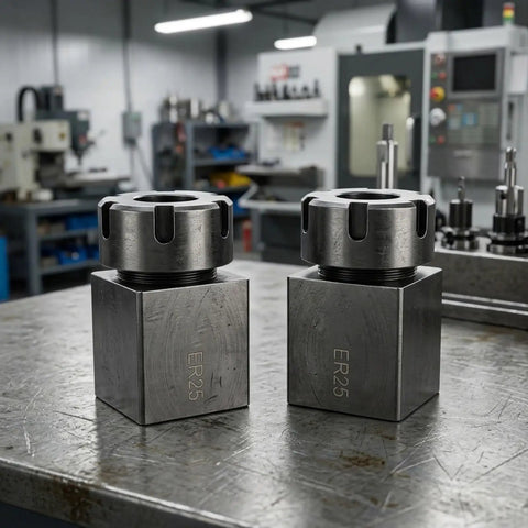 Versatile Collet Chuck Kit For CNC Lathe And Engraving, Includes Square And Hex Clamp Seats, Two ER25 Blocks on table