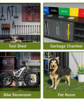 Heavy Duty Metal Outdoor Storage Shed With Lockable Doors And Sloped Roof Air Vent Built Tough For Backyard Patio Lawn Poolside 6x4 Grey Weather Resistant And Secure, shown as multi-use tool shed, garbage chamber, bike storeroom, and pet room illustration.