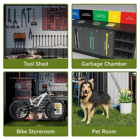 Heavy Duty Metal Outdoor Storage Shed With Lockable Doors And Sloped Roof Air Vent Built Tough For Backyard Patio Lawn Poolside 6x4 Grey Weather Resistant And Secure, shown as multi-use tool shed, garbage chamber, bike storeroom, and pet room illustration.