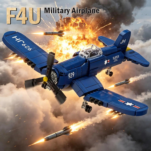 WW2 Military Airplane Building Kit Featuring F4U Corsair Fighter Jet Model in flight with explosive background