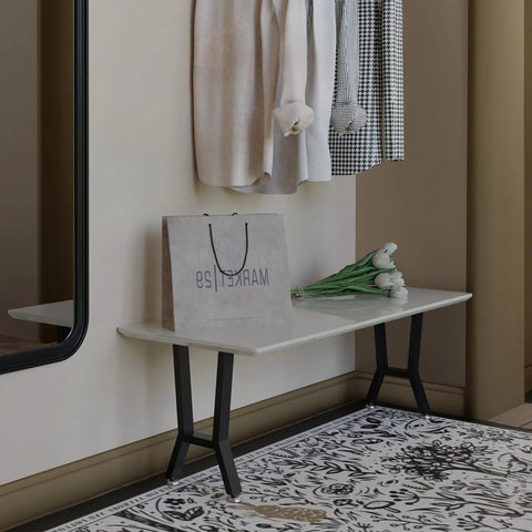 Side view of YCCO 15-inch black H-shaped metal table legs (2 pcs) supporting a white bench top