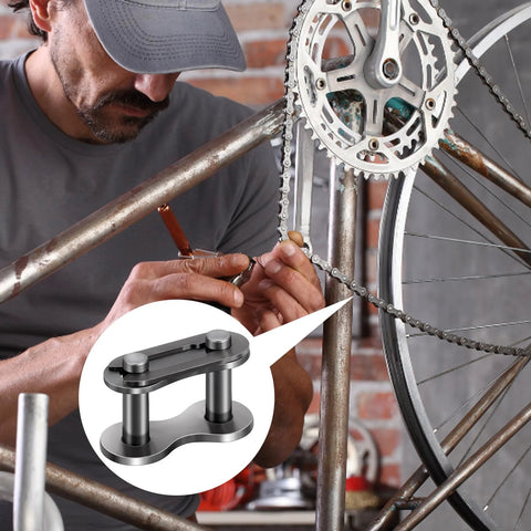 Man installing 5 Pieces Number 41 Roller Chain Connecting Links Heavy Duty Manganese Steel Master Connector on bicycle.