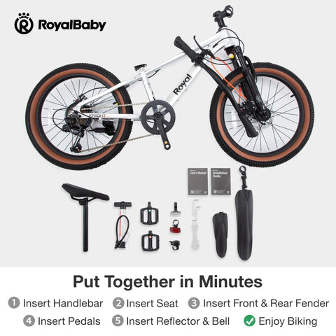 Kids Mountain Bike 20 Inch Aluminum Frame With 7 Speed Gears, Suspension Fork, Front And Rear Disc Brakes, assembly parts