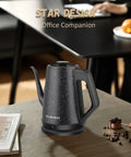Electric Kettle With 1L Capacity And Gooseneck Spout, 1000W Quick Boil In 3 Minutes, 304 Stainless Steel, Black Star Design on table