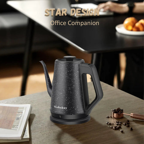 Electric Kettle With 1L Capacity And Gooseneck Spout, 1000W Quick Boil In 3 Minutes, 304 Stainless Steel, Black Star Design on table