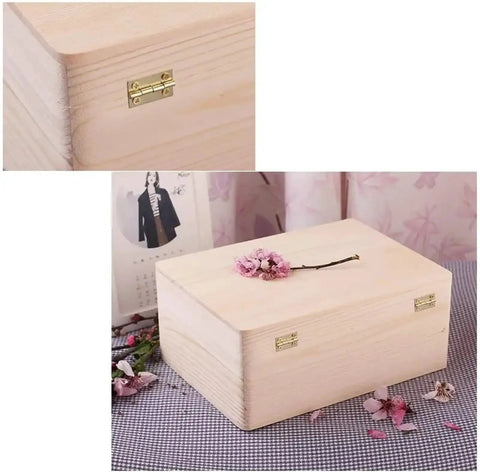 Wooden box with solid brass mini cabinet drawer butt hinge connectors and screws, part of set of 10 mini hinges for DIY use.