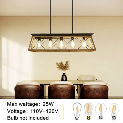 Industrial Farmhouse Black Pendant Light Five Lights for kitchen island, X-shaped frame over dining space, rustic chandelier