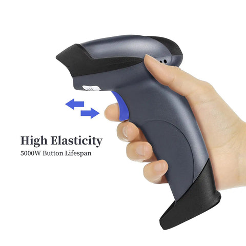 Hand holding 2D Barcode Scanner With Stand USB 2.0 Wired QR Code Imager Handheld Reader for Laptops Desktops and POS Cashier Systems