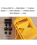 Heavy Duty Extended Plastic Safety Featherboard For Table Saw Woodworking With Miter Gauge Slot And Comfort Grip Knobs shown with components and assembly parts.