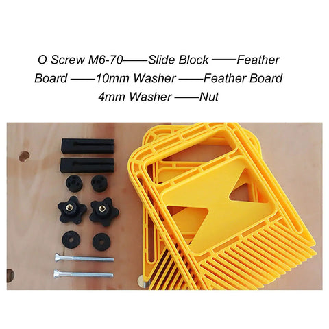 Heavy Duty Extended Plastic Safety Featherboard For Table Saw Woodworking With Miter Gauge Slot And Comfort Grip Knobs shown with components and assembly parts.