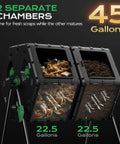 Dual Chamber 45 Gallon 170L Compost Tumbler With 360 Degree Rotating Design shown with open chambers filled with compost