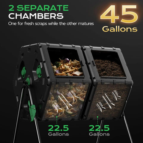 Dual Chamber 45 Gallon 170L Compost Tumbler With 360 Degree Rotating Design shown with open chambers filled with compost