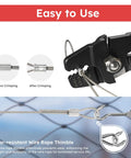 Pro Grade Wire Rope Crimping Tool Kit with 328 Ft Stainless Cable, crimping process illustration with tool and cable
