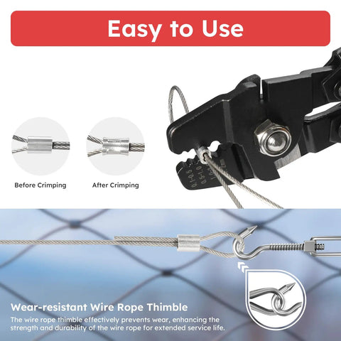 Pro Grade Wire Rope Crimping Tool Kit with 328 Ft Stainless Cable, crimping process illustration with tool and cable