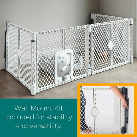 Six Panel Petyard Passage Dog Playpen Fence with wall mount kit, easy setup, freestanding, lockable door, indoor use, light gray