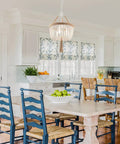 Boho Farmhouse Wood Beaded Pendant Light Fixture With Fringed White Beads 3 Light Rustic Chandelier in kitchen setting