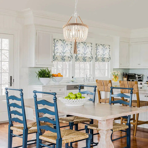 Boho Farmhouse Wood Beaded Pendant Light Fixture With Fringed White Beads 3 Light Rustic Chandelier in kitchen setting
