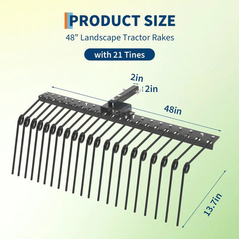 48-inch landscape tractor rake with 21 tines, shown from front angle, designed for debris removal, compatible with tractors