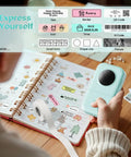 Portable Bluetooth Label Maker D30 with three tapes, held in hand, printing labels for a notebook with multiple templates and fonts.