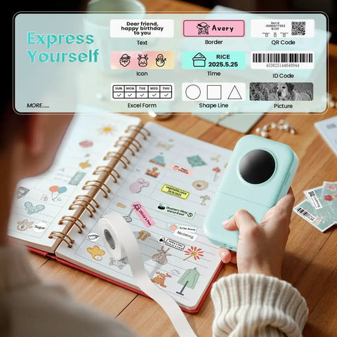 Portable Bluetooth Label Maker D30 with three tapes, held in hand, printing labels for a notebook with multiple templates and fonts.