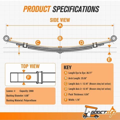 Heavy Duty Rear Leaf Spring Kit For EzGo Txt Golf Cart Suspension Upgrade With Bushings And U Bolts 4 Leaf Red specifications diagram.