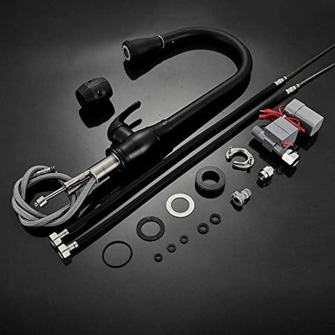 OGMOYT Matte Black Sensor Kitchen Faucet Sensitive Smart Touch Single Handle Mixer Tap Touch Sensor components and fittings on black background.