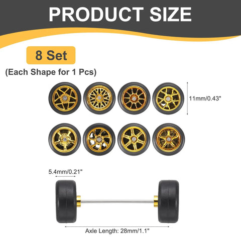 8 Piece 1 By 64 Scale Wheel And Tire Set With Real Riders Rims And Axles For RC Diecast Cars DIY Models Includes Gold Rims
